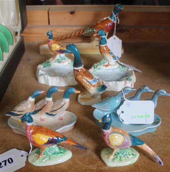 Beswick Cock Pheasant on plinth 1774, Mallard Duck 756-2A, pair small pheasants & 4 pheasant & duck pin dishes